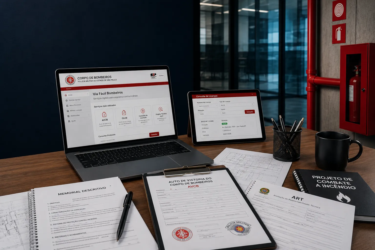 Computador, tablet e documentos técnicos de prevenção contra incêndio em uma estação de trabalho