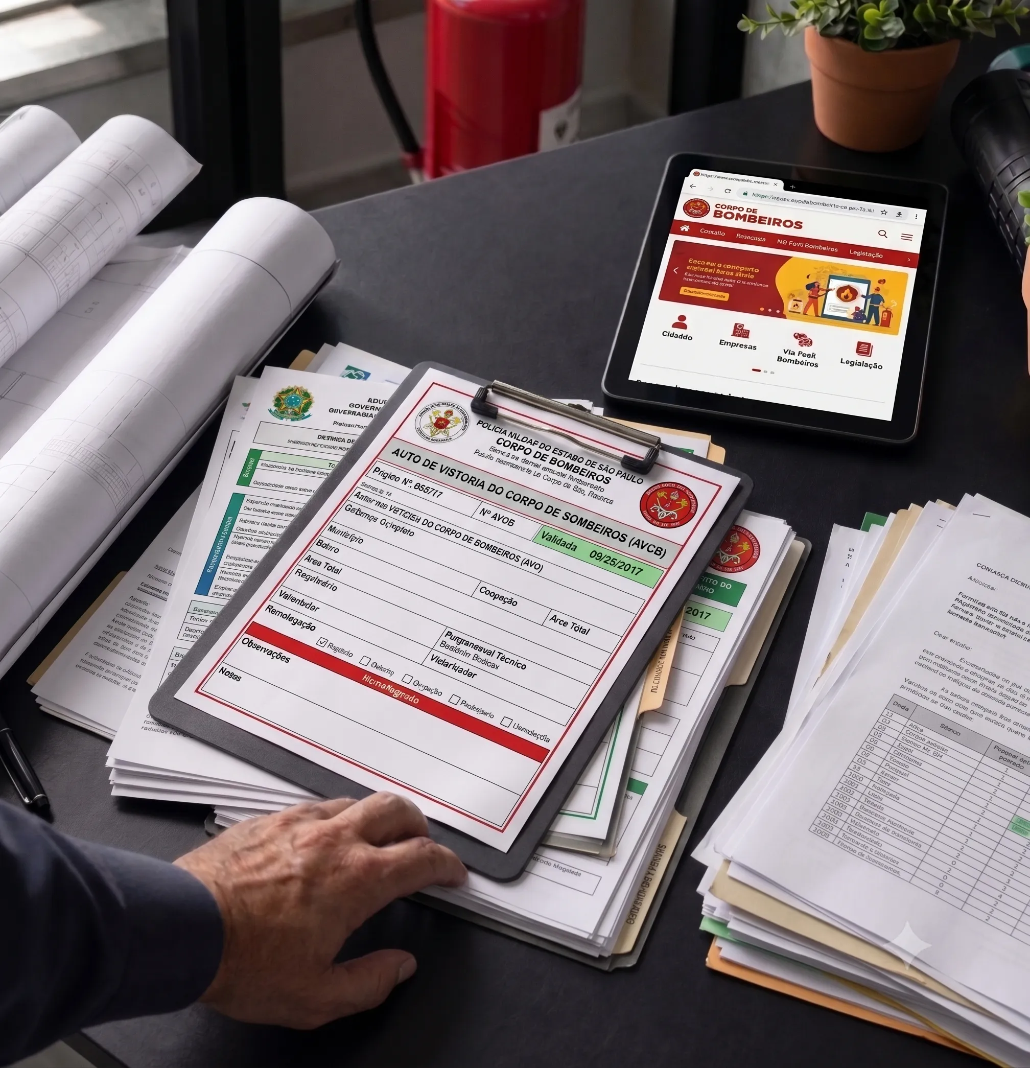 Plantas, prancheta e documentos técnicos de engenharia sobre uma mesa