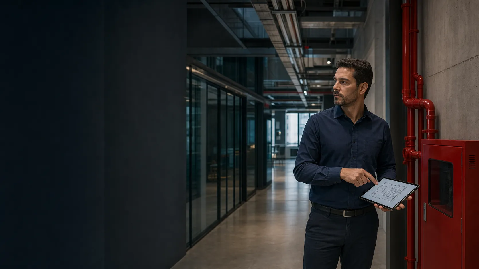 Engenheiro realizando análise técnica em uma edificação empresarial